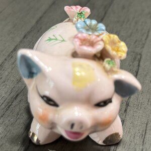 Vintage Ceramic Pig Figurine Floral Japan Painted Mini Collectible